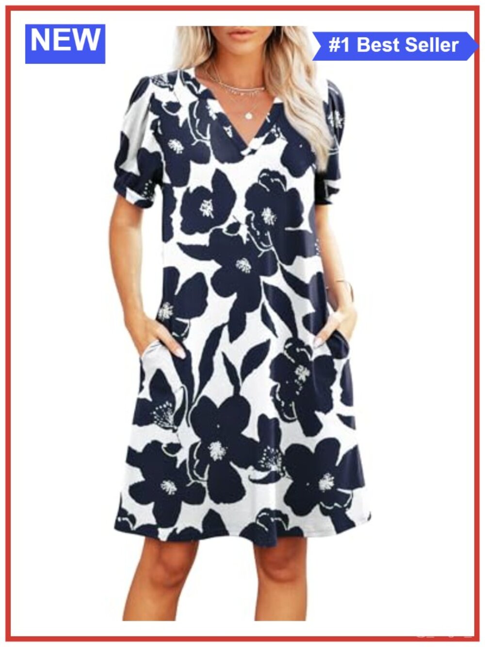 Women's Short Sleeve Sundress Swing Knee Length with Pockets